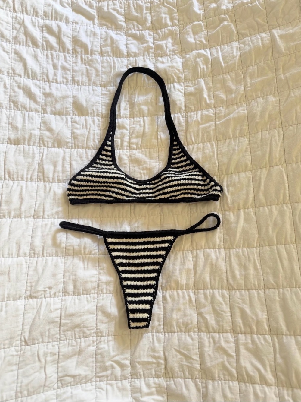 Indah Black & White Striped Crochet Bikini Set